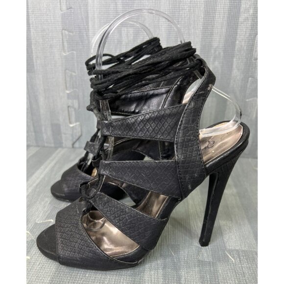 Qupid Gladiator Stiletto Heels Black Women's Size 7 Open Toe Tie Faux Leather - Picture 1 of 11